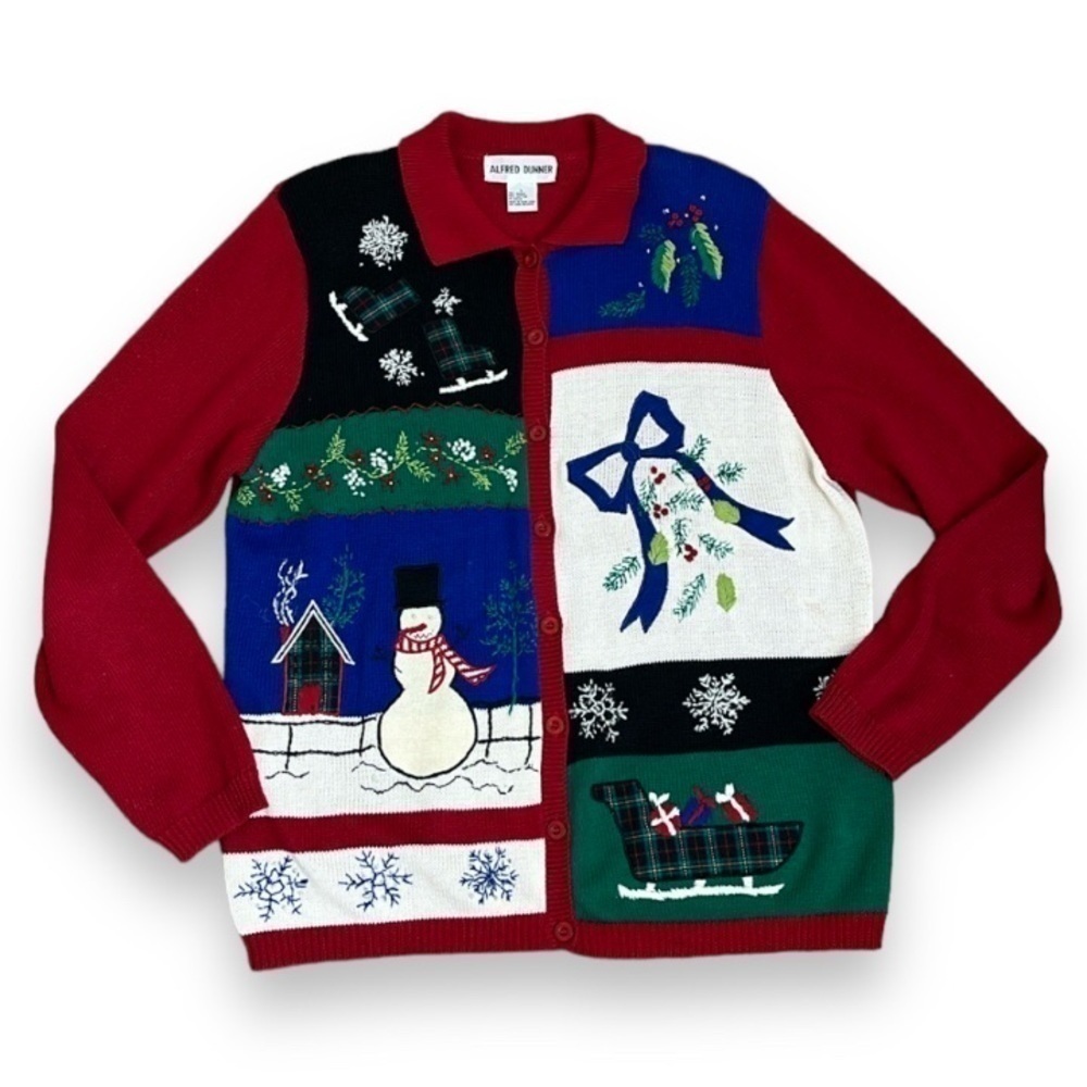 Vtg 90s Christmas Sweater Cardigan Women's Size Large Alfred Dunner Embroidered